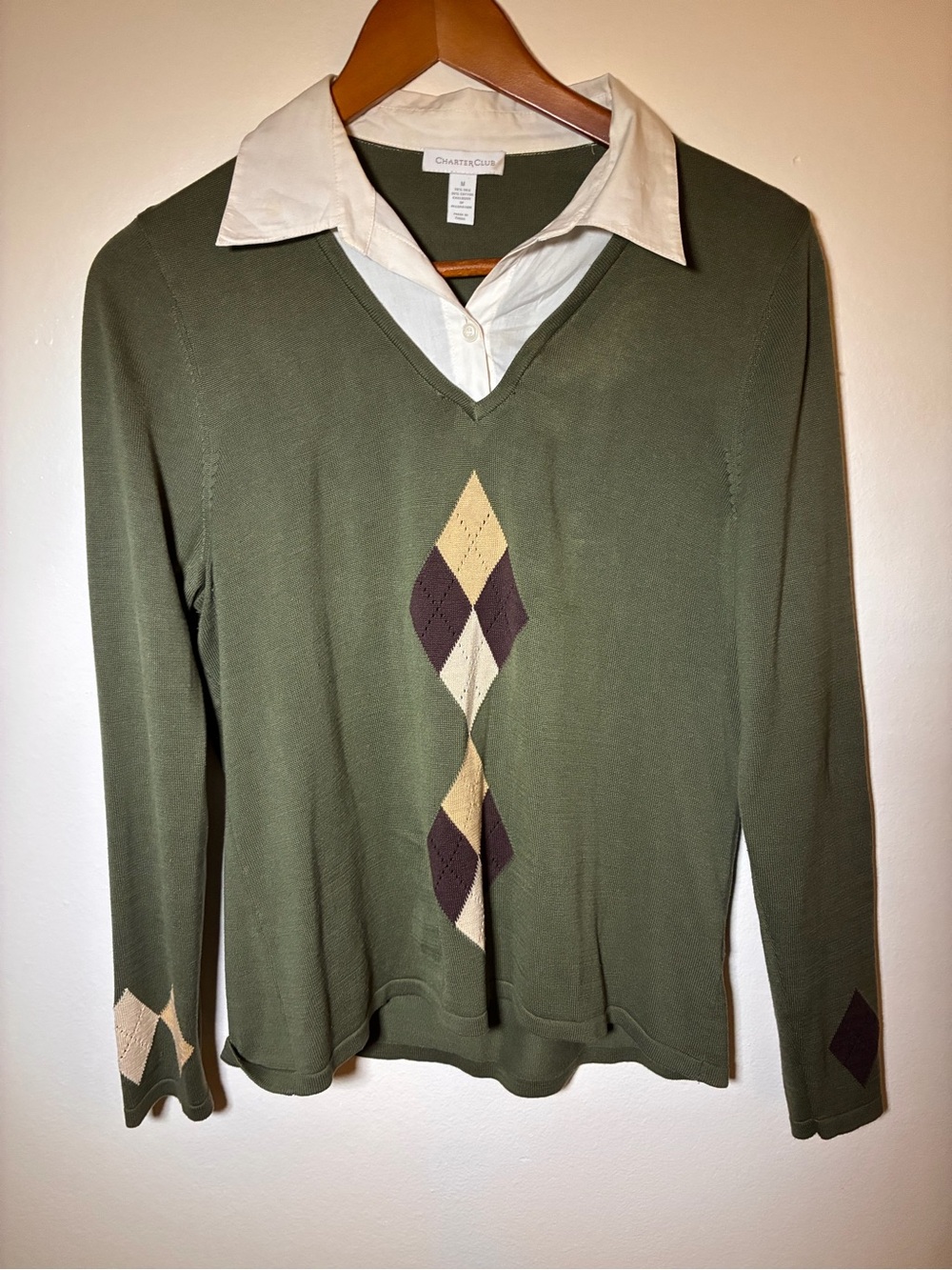 Charter Club Silk Cotton Argyle Sweater Collared Olive Green Preppy Y2K Size M